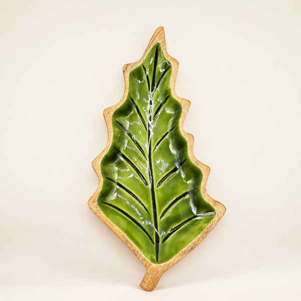 Lost in the Forrest - Emaille Blad Houten Kom - 33x17cm