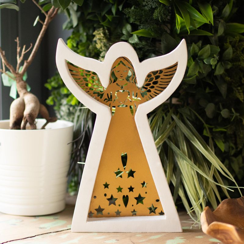 Mangohouten Engel - Witgekalkt met Uitgesneden IJzeren Decoratie - 22 cm