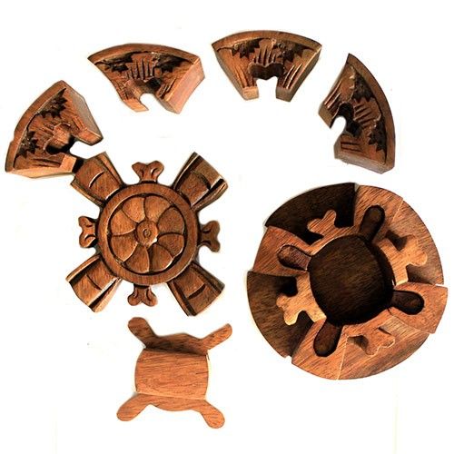 Houten Puzzel Doos uit Bali - Rond Bloemblad