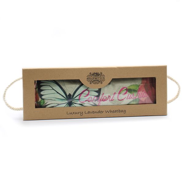 Luxe Katoenen Tarwe Nekkussen in Cadeau Verpakking - Lavendel - Vlinder & Rozen Print