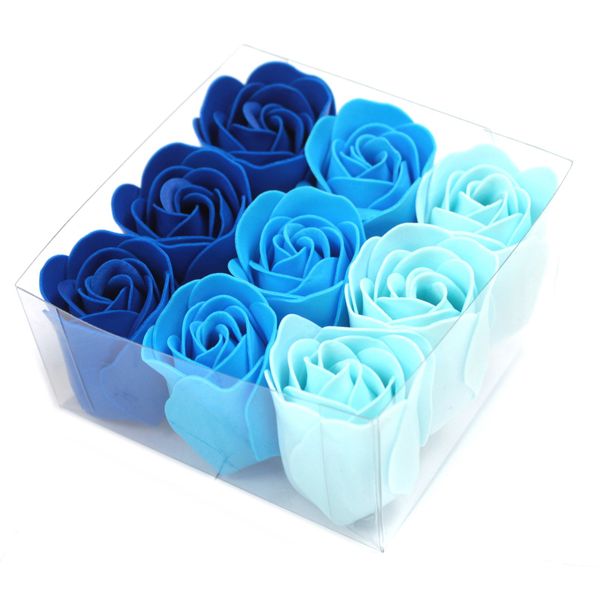 Set van 9 Zeep Rozen in Luxe Verpakking - Blauwe Bruiloft Rozen