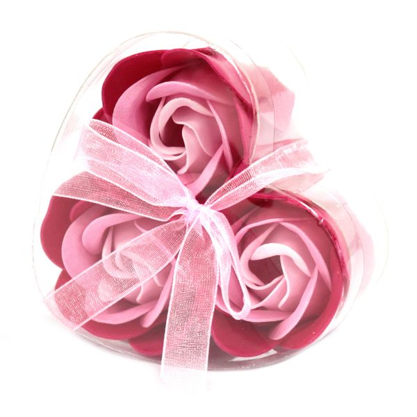 Set van 3 Zeep Rozen in Hartvormige Kado Verpakking - Roze Rozen