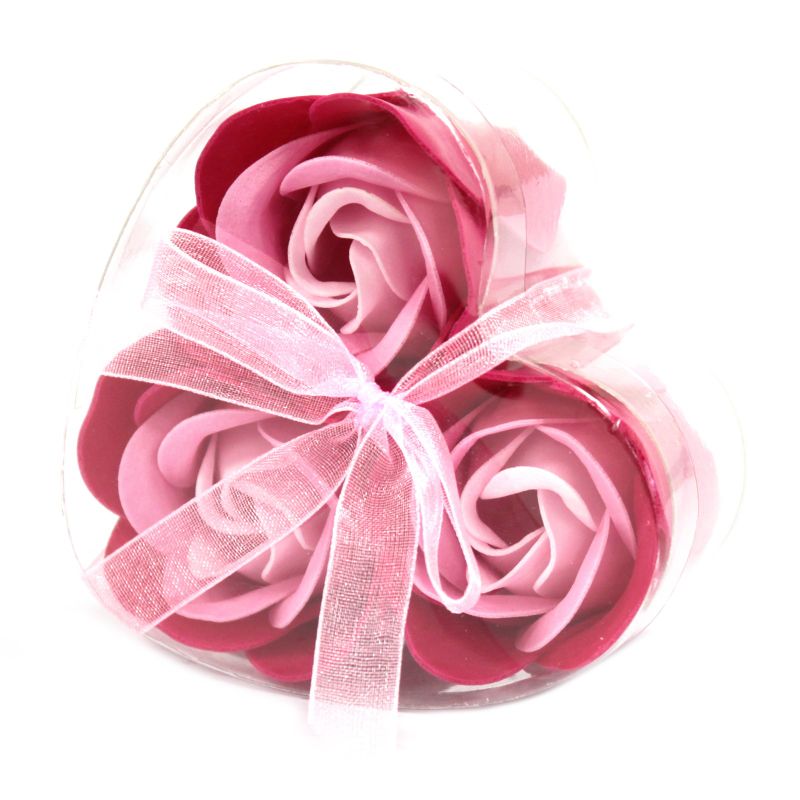 Set van 3 Zeep Rozen in Hartvormige Kado Verpakking - Roze Rozen