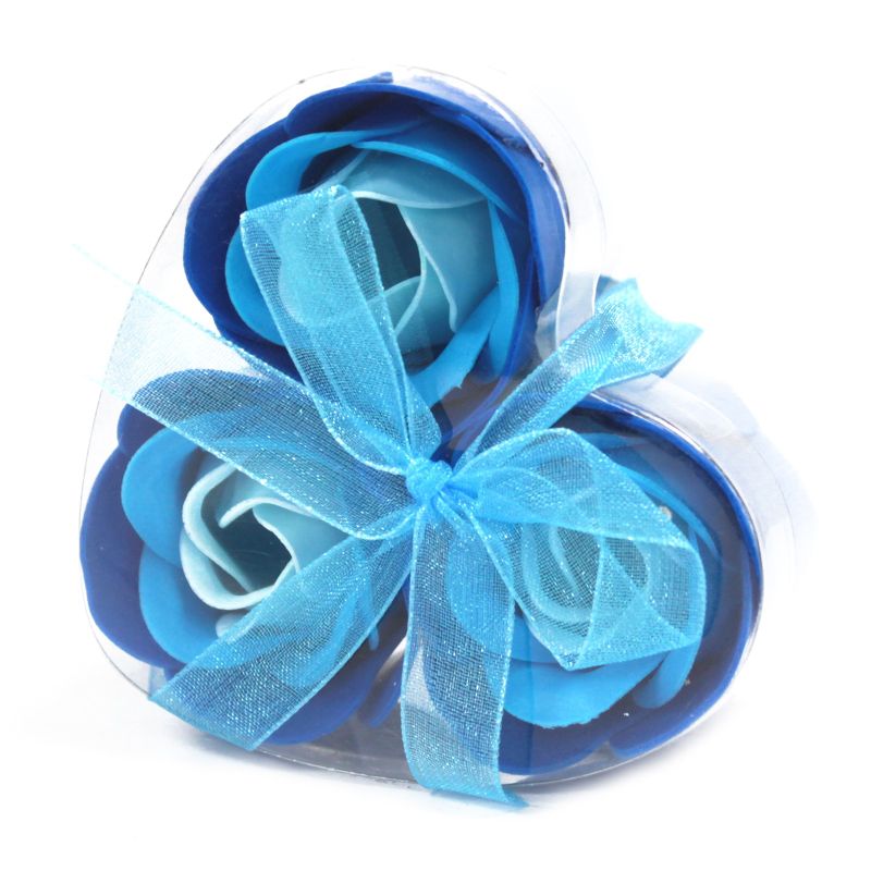 Set van 3 Zeep Rozen in Hartvormige Kado Verpakking - Blauwe Bruiloft Rozen