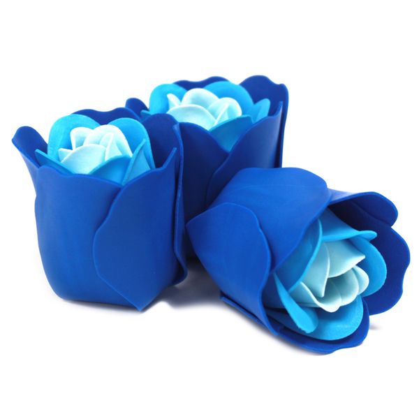 Set van 3 Zeep Rozen in Hartvormige Kado Verpakking - Blauwe Bruiloft Rozen
