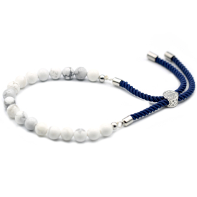 925 Verzilverde Edelsteen Armband met Marine Blauw Koord -Witte Howliet