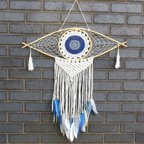 Bescherming Droomvanger - Large - Macrame Oog Wit / Blauw/ Grijs