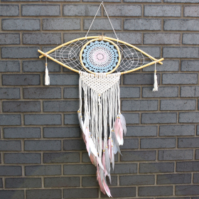 Bescherming Droomvanger - Large - Macrame Oog Blauw / Wit / Roze