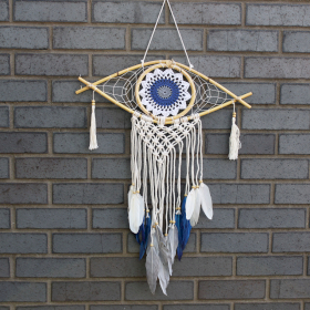 Bescherming Droomvanger - Medium - Macrame Oog Wit /Blauw / Grijs