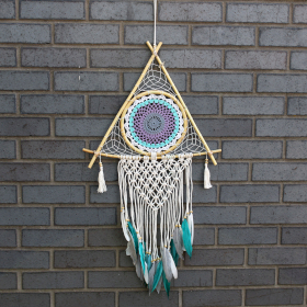 Bescherming Droomvanger - Large - Macrame Piramide Wit / Turkoois