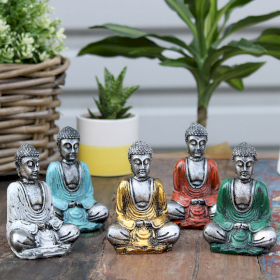 6x Boeddha Beeldjes - Mini - Zilver - Gemengde kleuren