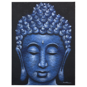 3x Boeddha Schilderij - Blauw Brokaat Detail