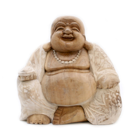 Handgesneden Boeddhabeeld - 30cm Happy - Whitewash