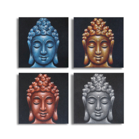 Set van 4 Boeddha Hoofden Zand Detail 40x40cm