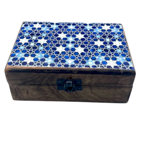 Middelgrote Keramische Geglazuurde Houten Doos - 15x10x6cm - Blauwe Sterren