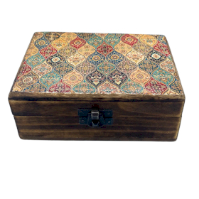 Middelgrote Keramische Geglazuurde Houten Doos - 15x10x6cm - Traditioneel Patroon