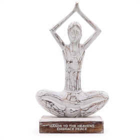 Houten Yoga Dame - Whitewash - Handen Omhoog Houding