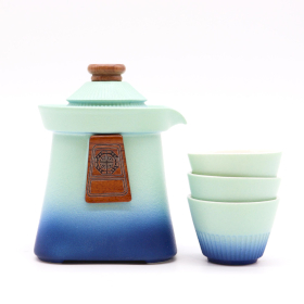 Tempel Theepot Set & Drie Kopjes - Blauwe Hemel