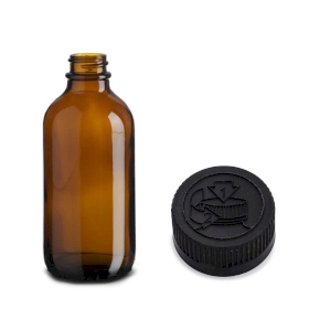 64x 120ml Amber Glazen Boston Fles met Kindveilige Zwarte Plastic Dop