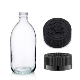 36x 200ml Heldere Glazen Medicijnfles met Zwarte CR / TP Dop