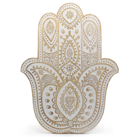 Mango Houten Hamsa Muurplaquette - Witgewassen - 52cm