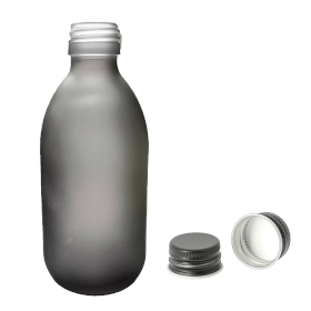 36x 300ml Grijs Mat Glazen Medicijnfles met Zwarte Aluminium Dop