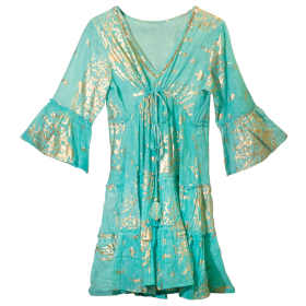 Turquoise & Goud Koraal L/XL Handgeschilderde Nomadische Sari Jurk