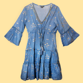 Zeeblauw & Goud Vis L/XL Handgeschilderde Nomadische Sari Jurk