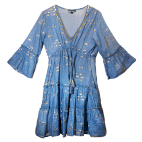 Zeeblauw & Goud Vis L/XL Handgeschilderde Nomadische Sari Jurk