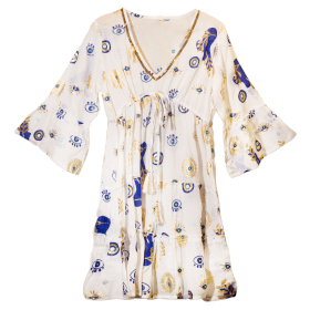 Wit, Blauw & Goud Boze Oog L/XL Handgeschilderde Nomadische Sari Jurk