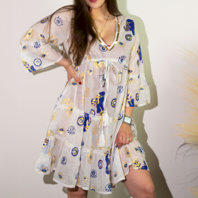 Wit, Blauw & Goud Boze Oog M/L Handgeschilderde Nomadische Sari Jurk