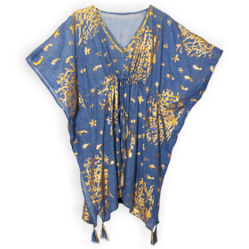 Zee Blauw & Goud Koraaldesign Handgeschilderde Nomad Sari Kaftan