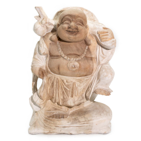 Handgesneden Boeddhabeeld – 30 cm – Brengend Hout – Whitewash
