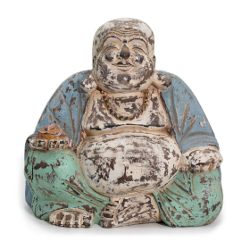 Vintage Blauw-Mint Handgesneden Boeddhabeeld – 30 cm – Lachende Boeddha