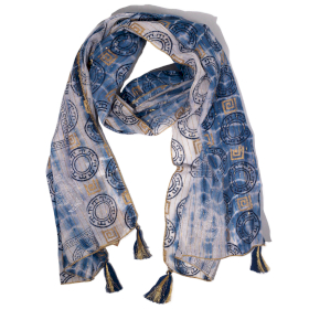 Nomad Sari - Zomersjaal - 180x50cm - Marbella Print - Blauw met Goudrand