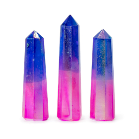 3x Edelsteen Obelisk Punt ca. 9 cm – Aurora Kristal Kwarts – Roze & Blauw