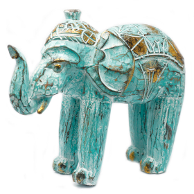 Hout Gesneden Olifant - Turkoois & Goud - 8 x 27 x 24cm