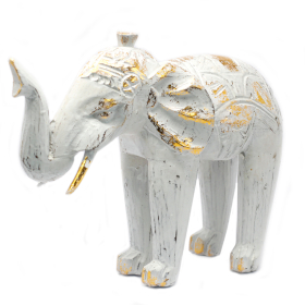 Hout Gesneden Olifant - Wit & Goud - 8 x 27 x 24cm